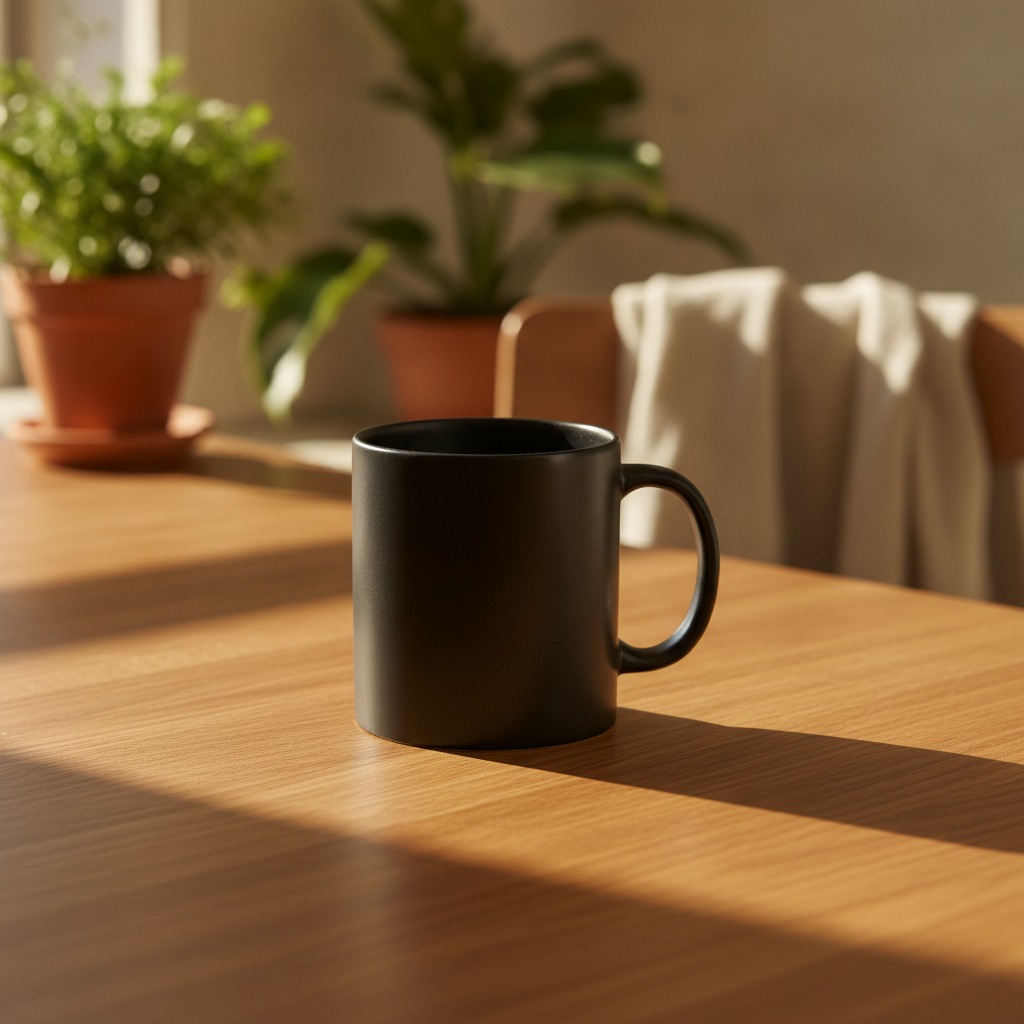 Lifestyle product shot of a ceramic mug on a kitchen counter created for an e-commerce listing