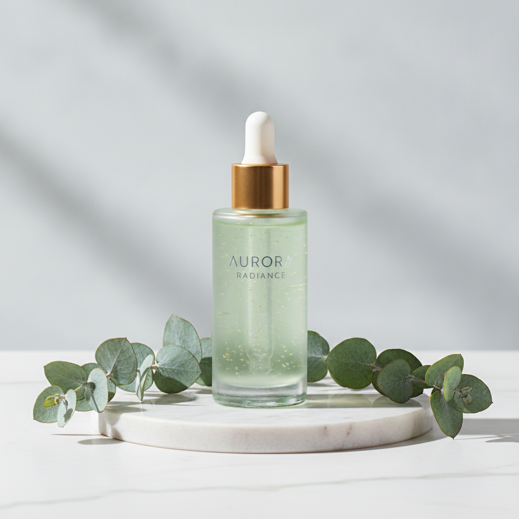 Skincare bottle on a marble podium produced by an AI image generator for e-commerce