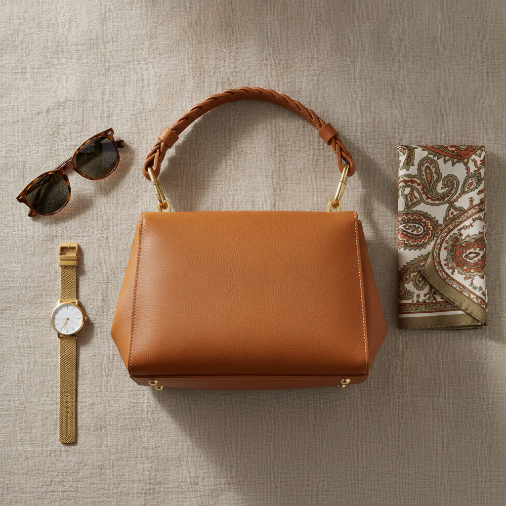 Top-down flat lay of a leather handbag and accessories styled for an online store catalog