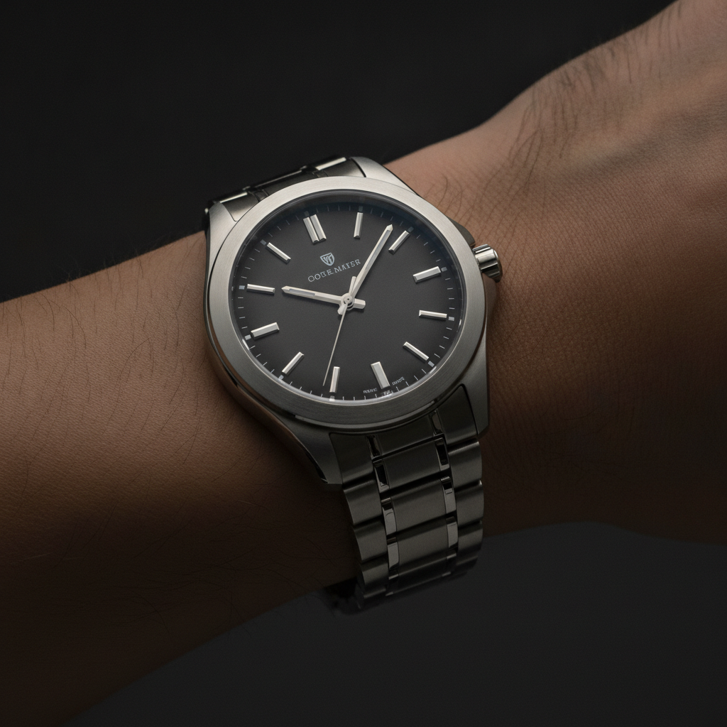 Wristwatch product photo with dramatic rim lighting for a premium e-commerce listing