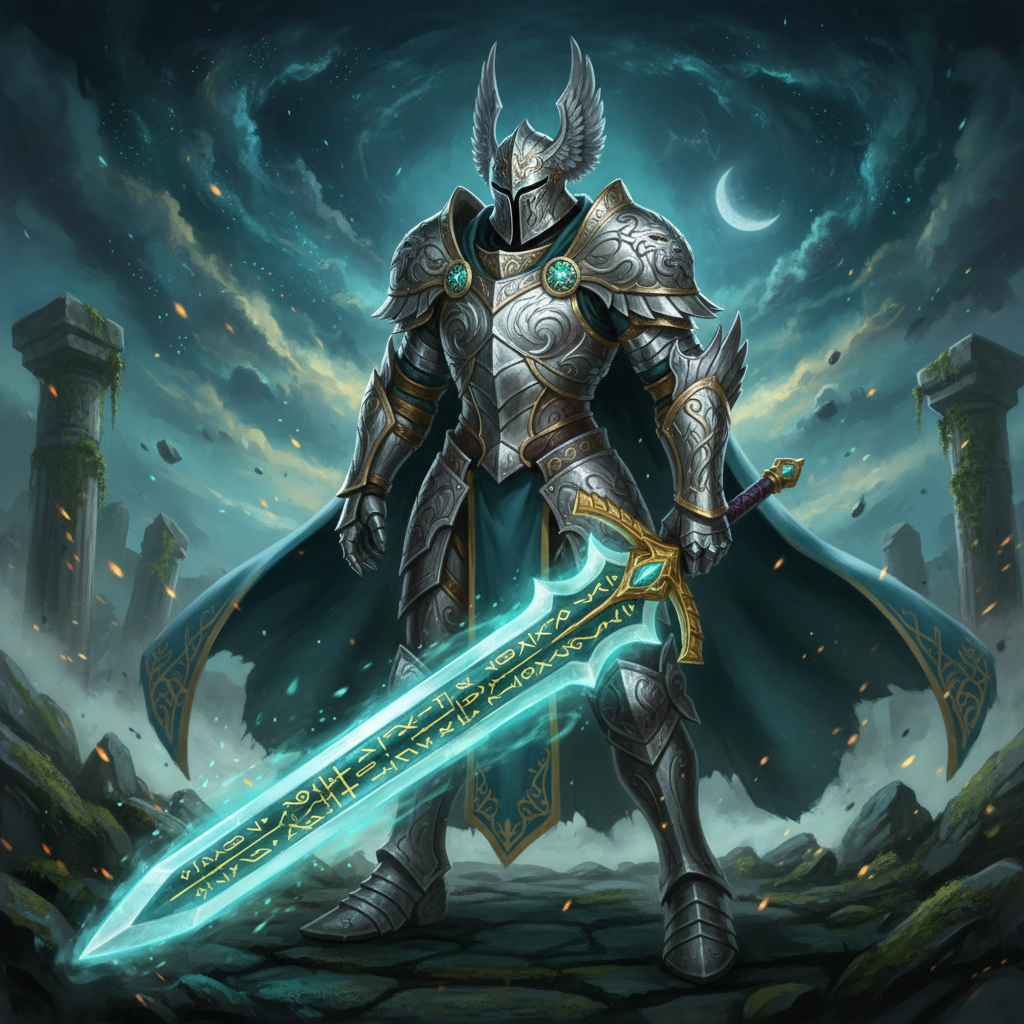 AI image generator for gaming — heroic fantasy RPG knight in ornate silver armor with glowing runic blade, cinematic key art