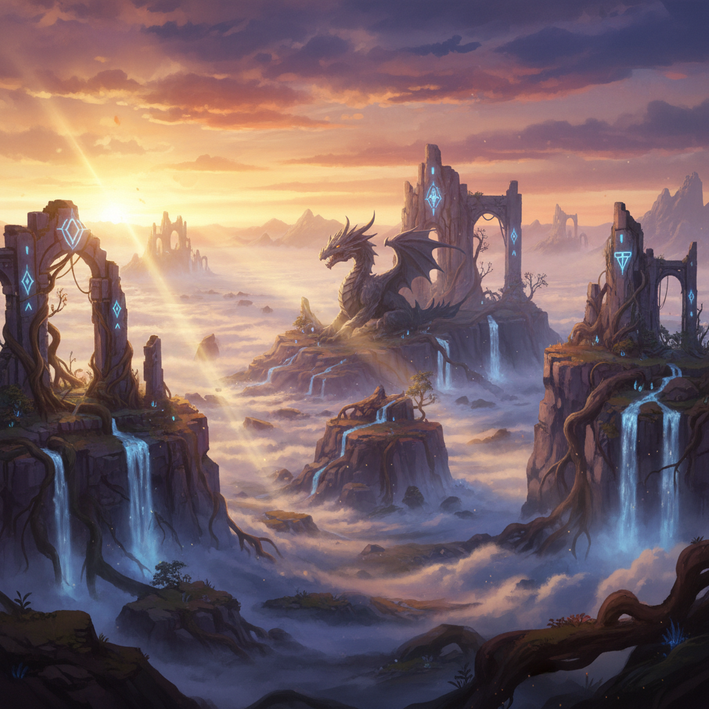 AI image generator for gaming — open-world fantasy environment concept art with mountaintop ruins and volumetric god rays