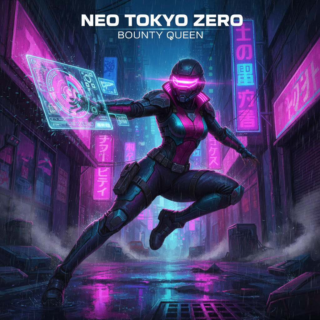 AI image generator for gaming — sci-fi cyberpunk female bounty hunter splash art with neon visor and rainy Tokyo backdrop