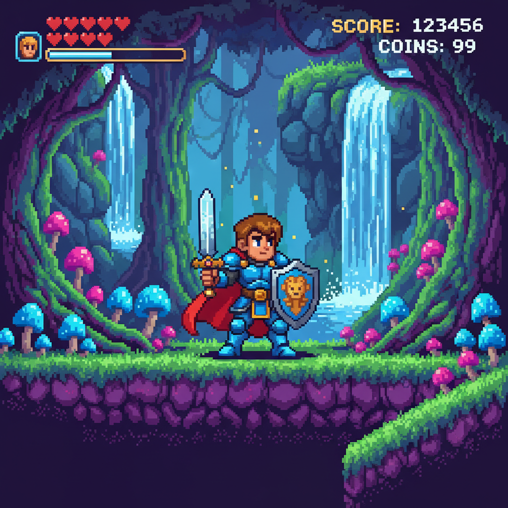 AI image generator for gaming — colorful indie pixel art platformer scene with brave hero in enchanted forest