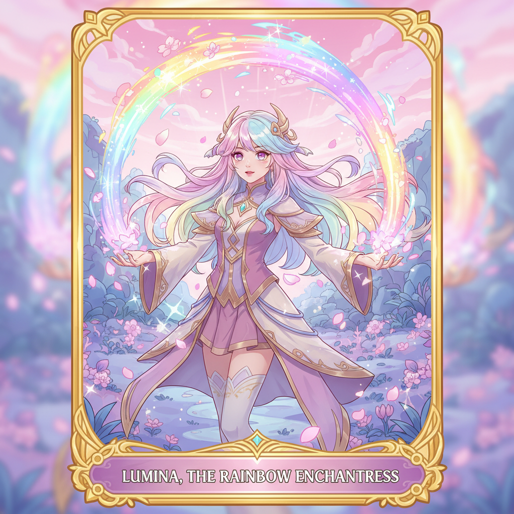 AI image generator for gaming — anime-style mobile gacha hero card with mage girl casting glowing rainbow magic spell
