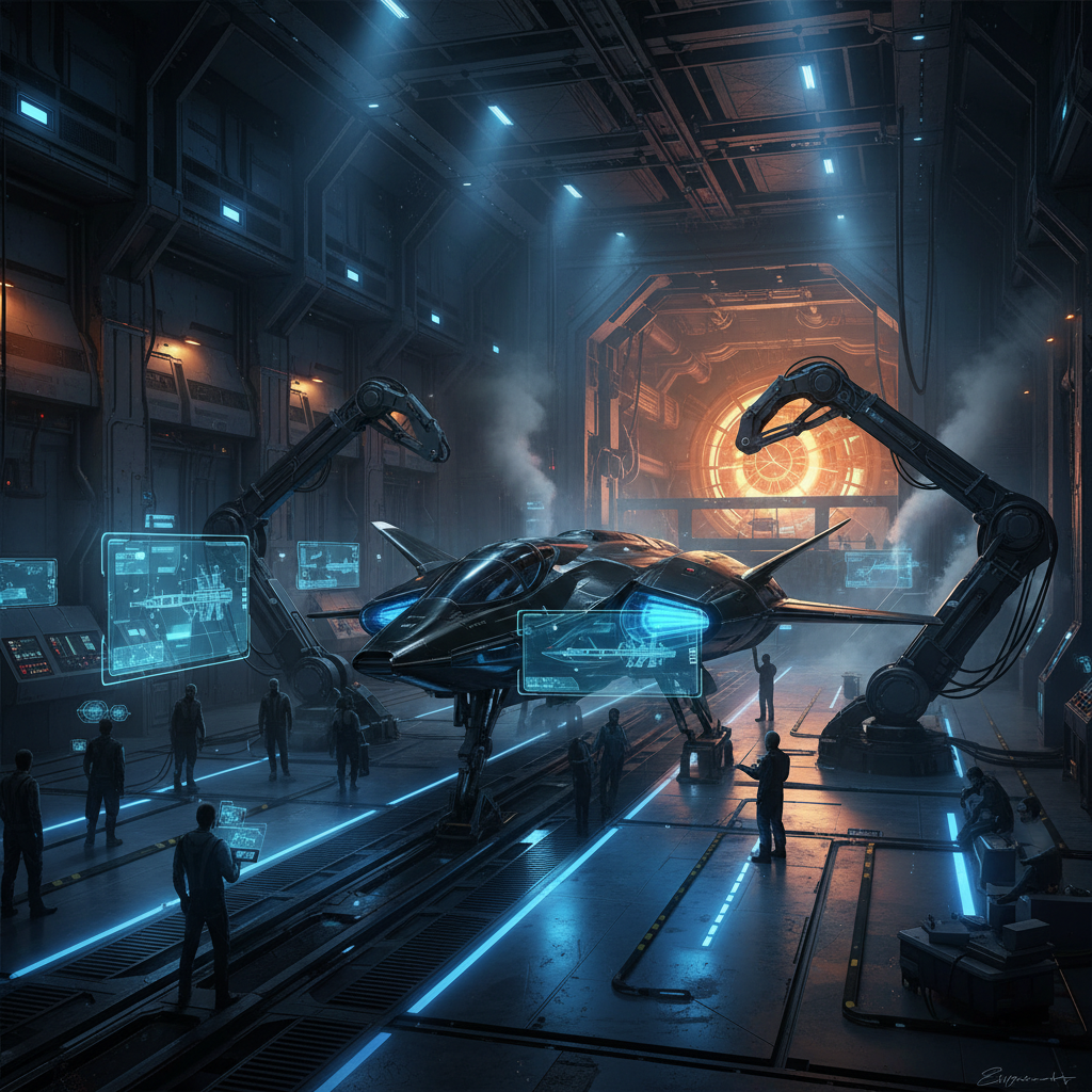 AI image generator for gaming — sci-fi starship hangar concept art with sleek fighter spacecraft and crew silhouettes