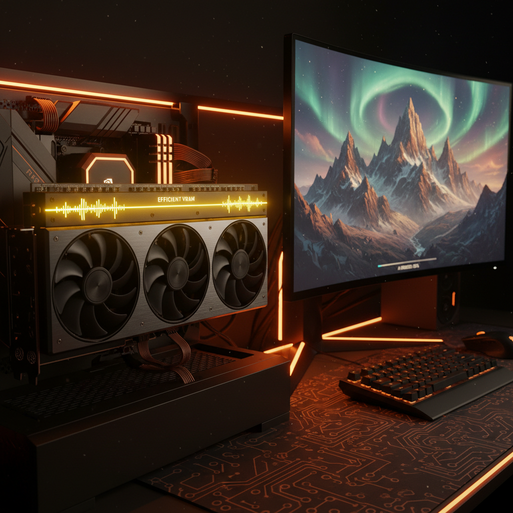 AI image generator for VRAM optimization shown on a workstation GPU with a glowing yellow LED VRAM bar at low utilization while a 4K mountain landscape renders on the nearby monitor