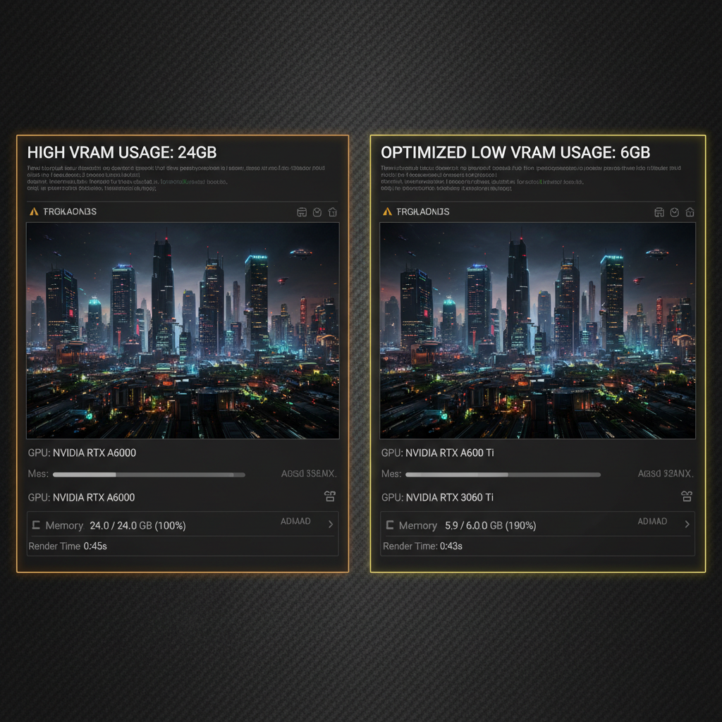 Split-screen comparison of an AI image generator for VRAM optimization showing 24 GB heavy usage on the left versus a 6 GB optimized run on the right, both rendering the same 4K AI image with a dark yellow accent dashboard UI