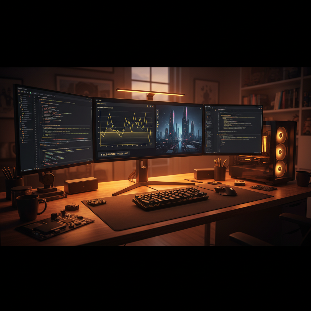 Wide developer workstation with three monitors running an AI image generator for VRAM optimization, the center monitor showing a real-time VRAM consumption graph in neon yellow against a sleek dark UI