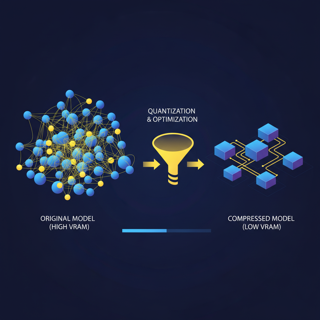 Conceptual technical infographic of the AI image generator for VRAM optimization showing model quantization, attention slicing, and tiled rendering as compressed neural network blocks with glowing amber connections on dark navy