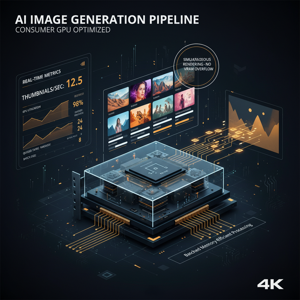 AI image generator for VRAM optimization pipeline rendering many thumbnails in parallel on a consumer GPU without memory overflow, observability dashboard with amber metrics and a clean dark design