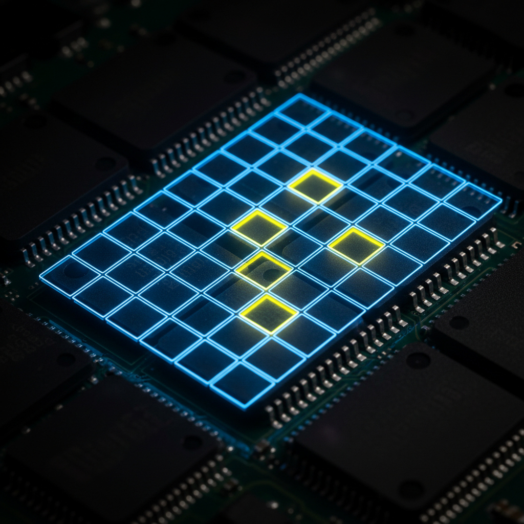 Macro close-up of GPU memory chips with translucent overlay tiles representing VRAM allocation, neon yellow highlights and cinematic rim lighting illustrating an efficient AI image generator for VRAM optimization