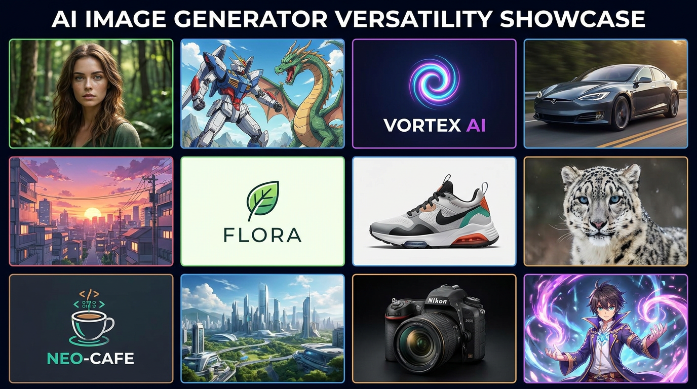 Gallery of diverse images created by the AI image generator across styles
