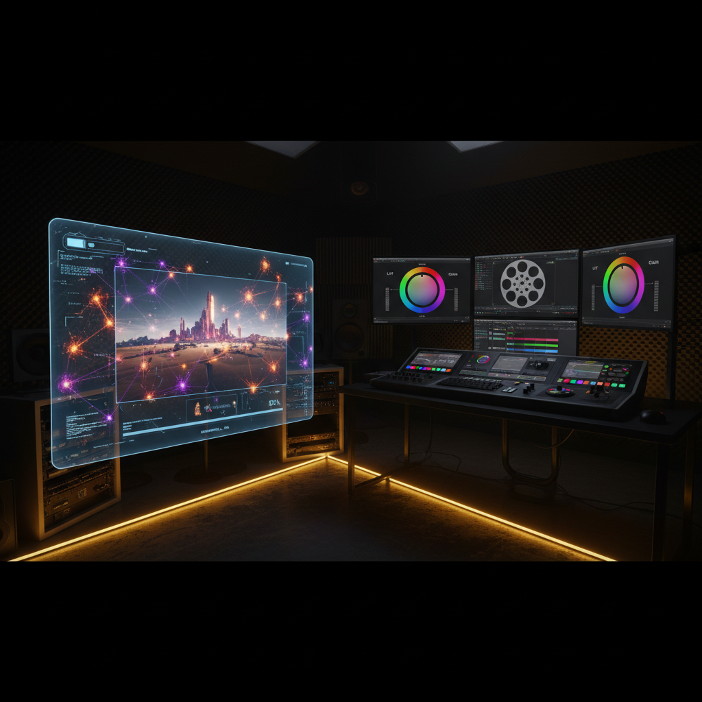 AI image generator vs DaVinci Resolve — split-screen comparison showing AI generation interface with neural network visualization on left and DaVinci Resolve color grading workspace on right