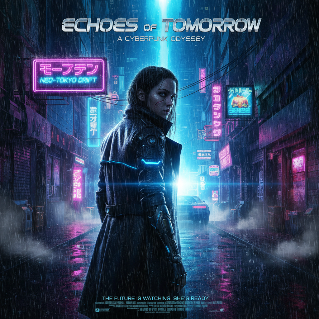 AI image generator vs DaVinci Resolve — cinematic AI-generated movie poster key art for sci-fi thriller, photorealistic protagonist in neon-lit alley, professional film poster composition
