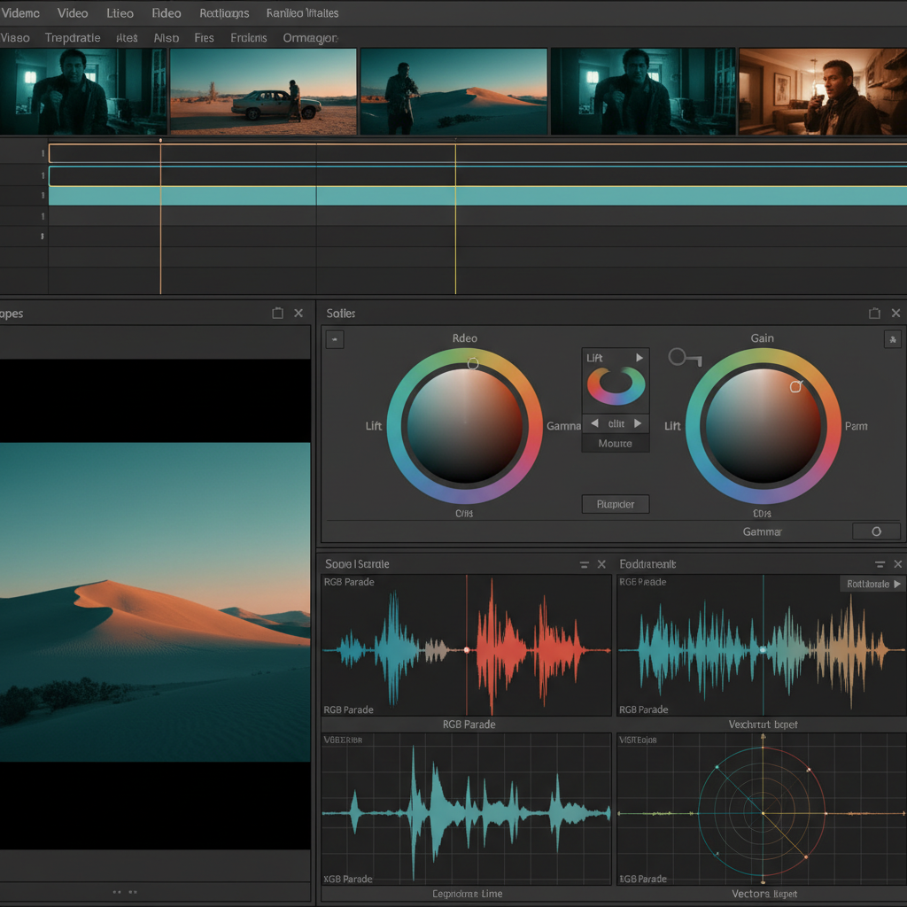 AI image generator vs DaVinci Resolve — DaVinci Resolve color grading workspace with editing timeline, color wheels, scopes panel, and teal-and-orange grade applied to footage