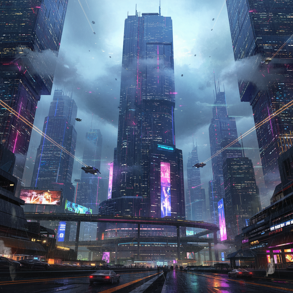 AI image generator vs DaVinci Resolve — AI-generated cinematic concept art of futuristic city environment with neon skyscrapers and flying vehicles, blade runner color palette
