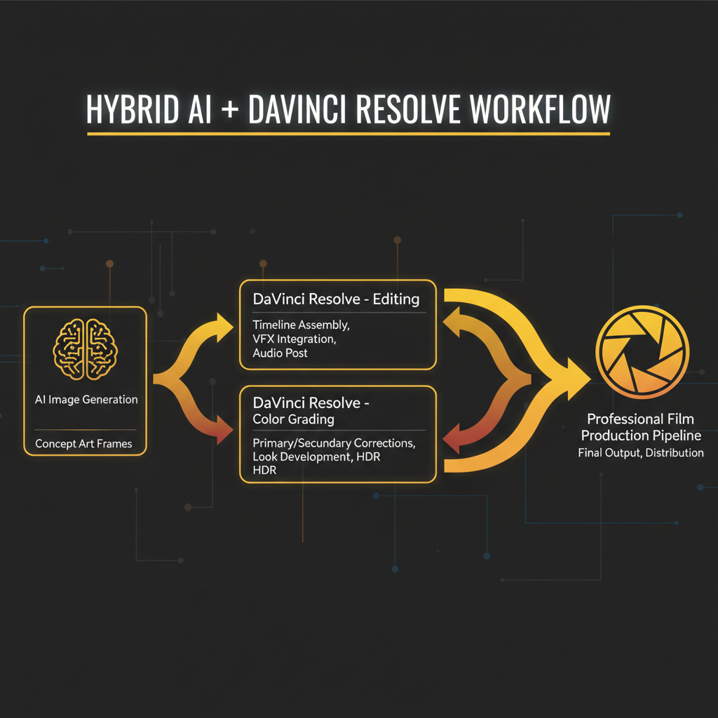 AI image generator vs DaVinci Resolve — hybrid workflow diagram showing AI generates concept art then DaVinci Resolve handles color grading and editing in modern film production pipeline
