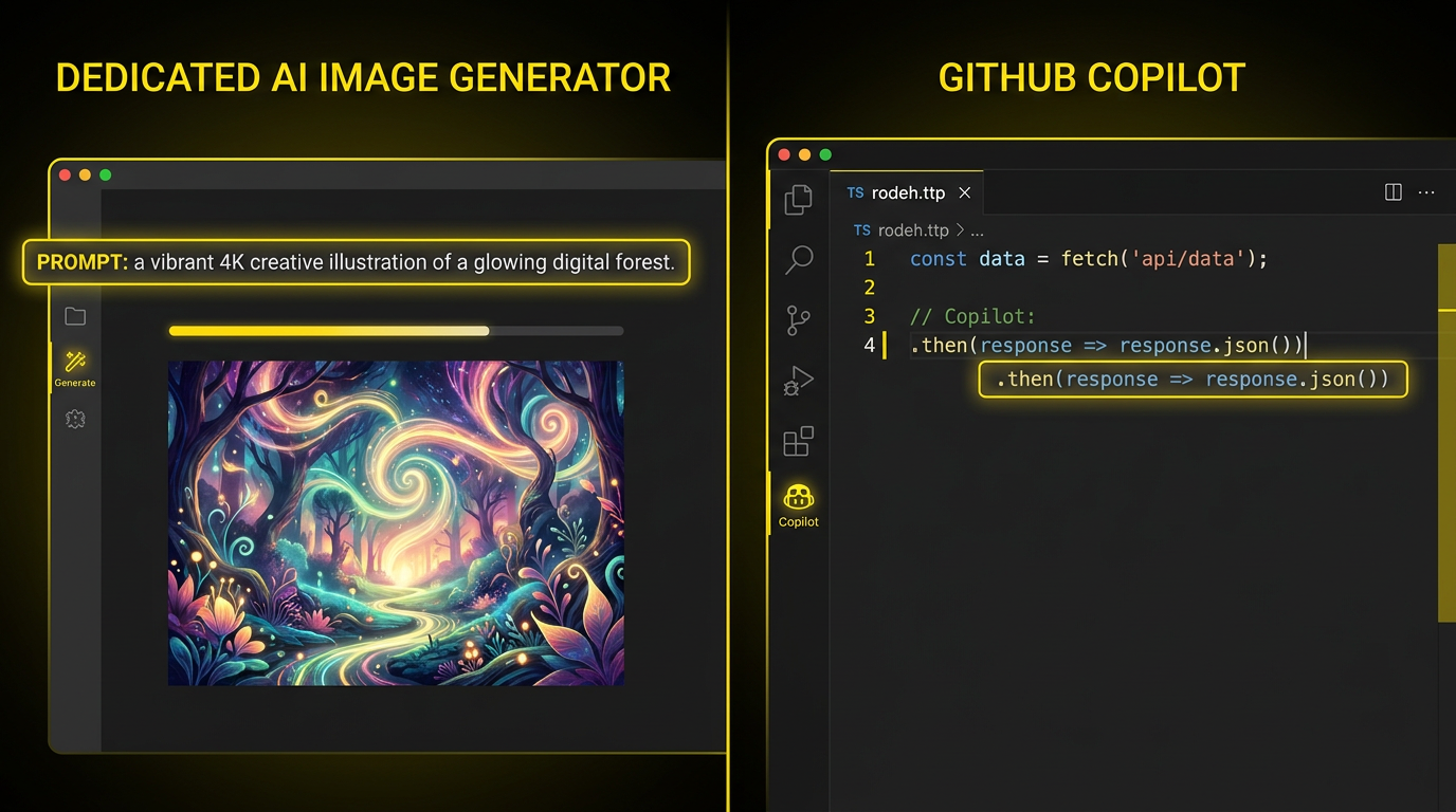AI image generator vs GitHub Copilot hero split-screen — left side a dedicated AI image generator interface rendering a vibrant 4K creative illustration from a typed prompt, right side a code editor with GitHub Copilot completing TypeScript code in a developer IDE, dark theme yellow accents for AI tools comparison