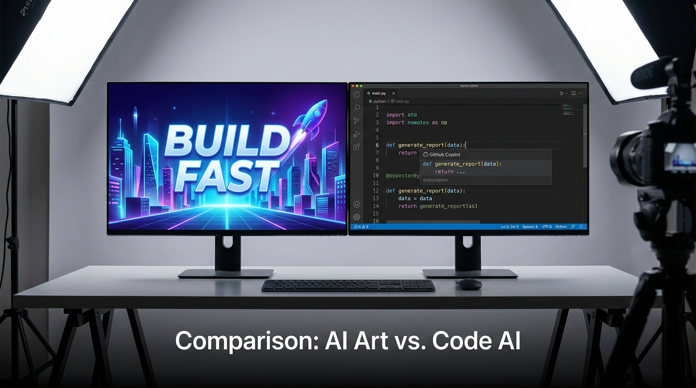 AI image generator vs GitHub Copilot output comparison — left panel a stunning 4K AI-generated marketing banner with crisp embedded text BUILD FAST, right panel a code editor screen with GitHub Copilot suggesting a function autocomplete, professional studio comparison framing for AI art vs code AI