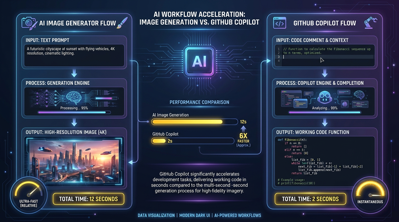 AI image generator vs GitHub Copilot workflow visualization infographic — clean modern dark UI showing two parallel workflows, left side text prompt to 4K image in 12 seconds, right side code comment to working function in 2 seconds, glowing yellow performance indicators