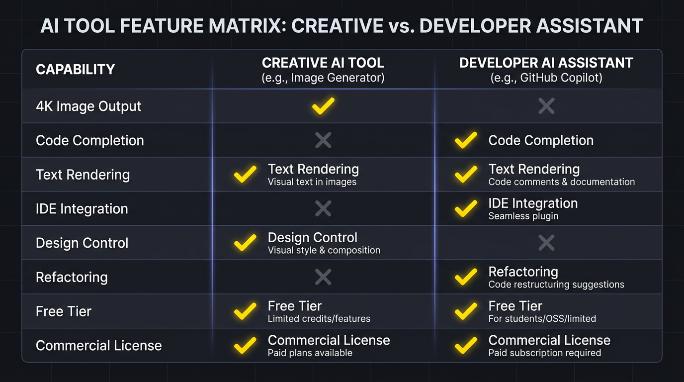 AI image generator vs GitHub Copilot feature matrix — modern comparison table listing 8 capabilities (4K image output, code completion, text rendering, IDE integration, design control, refactoring, free tier, commercial license) with yellow checkmarks distinguishing creative AI tool versus developer AI assistant