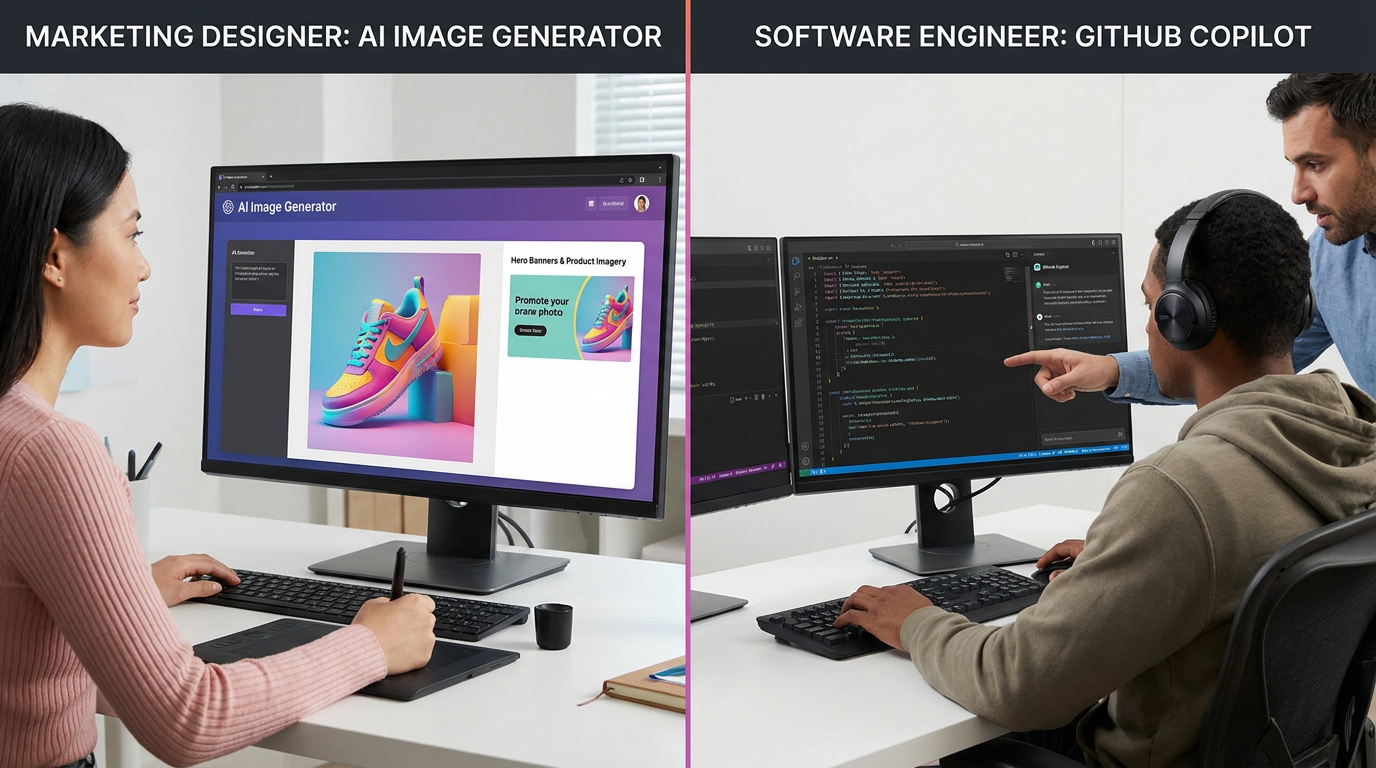AI image generator vs GitHub Copilot use case comparison — left side a marketing designer creating hero banners and ecommerce product imagery with a dedicated AI image generator, right side a software engineer pair-programming with GitHub Copilot inside VS Code