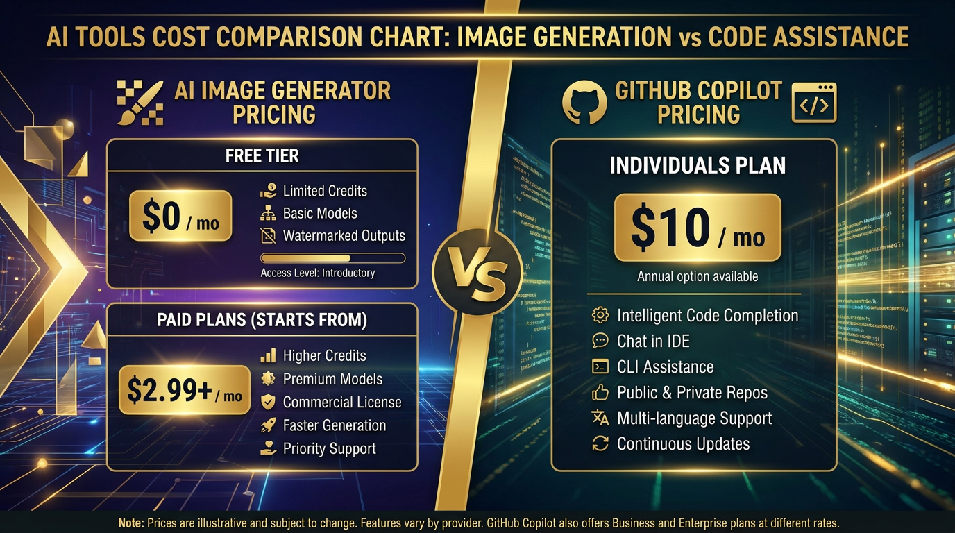 AI image generator vs GitHub Copilot pricing visualization — modern infographic showing free AI image generator tier with paid plans from 2.99 dollars per month vs GitHub Copilot at 10 dollars per month for individuals, gold and dark theme cost comparison chart