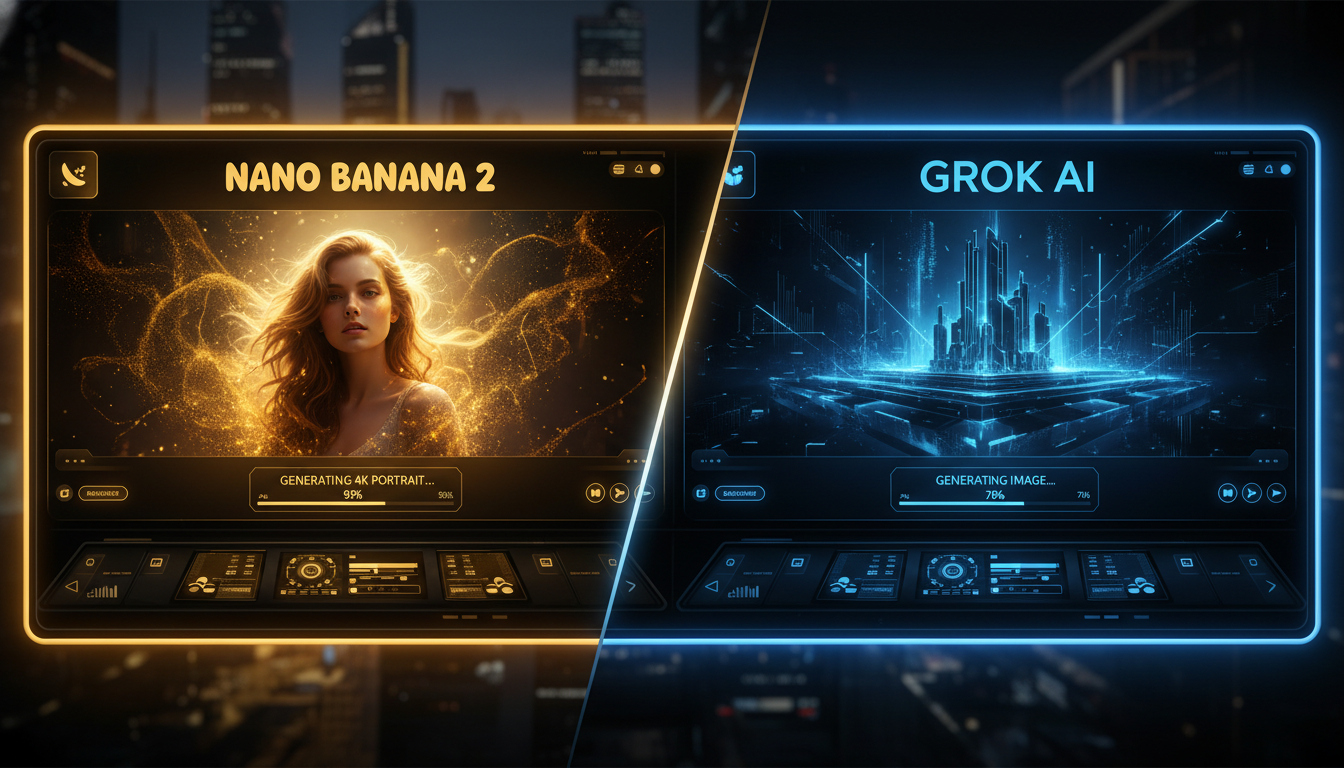 AI image generator vs Grok AI hero split-screen — left side dedicated AI image generator interface rendering a vibrant 4K cityscape from a typed prompt, right side X social platform with Grok AI generating an image inside a chat conversation, dark theme yellow accents for Grok AI comparison