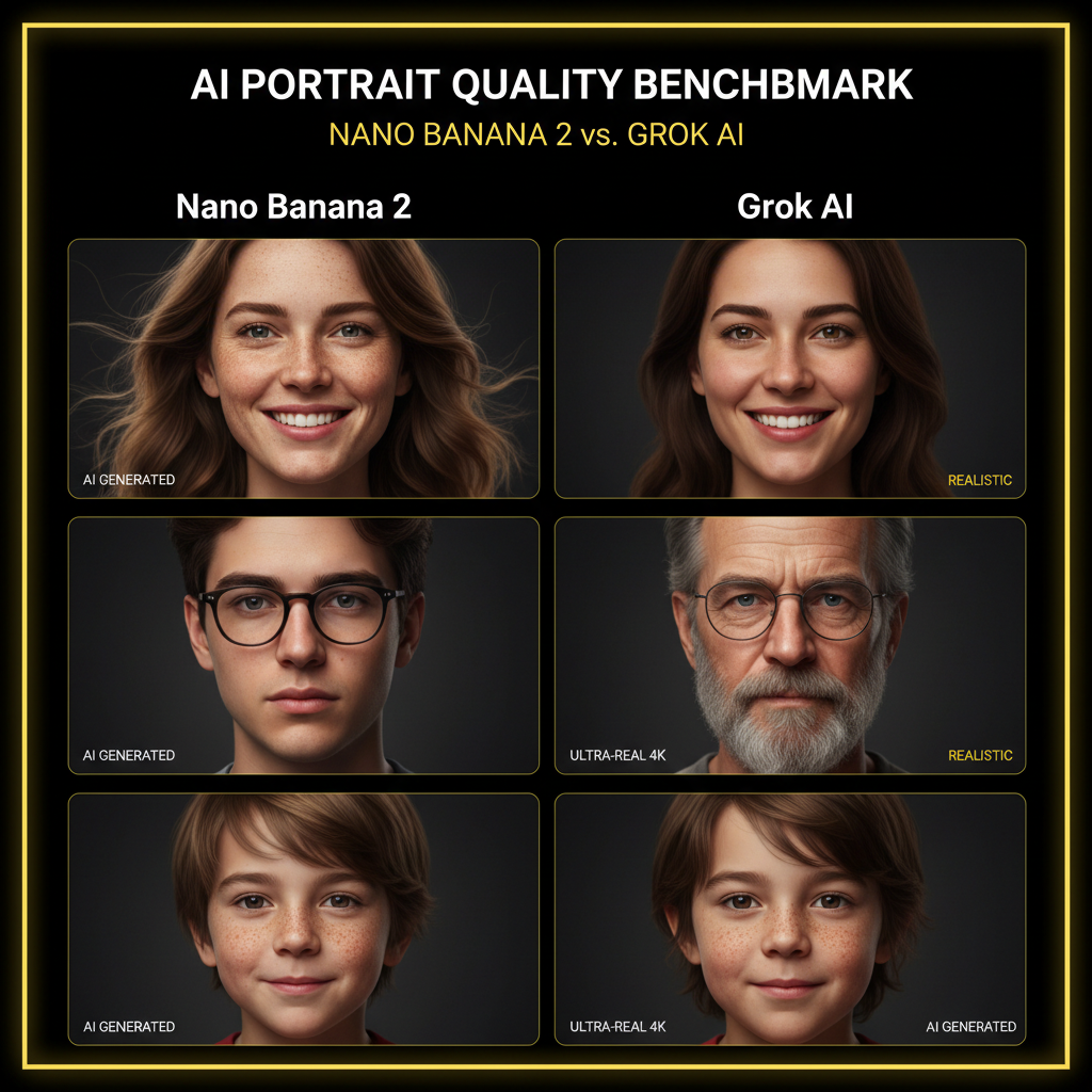 AI image generator vs Grok AI output quality test — left panel stunning 4K photorealistic portrait from Nano Banana 2 with crisp text overlay, right panel same prompt rendered by Grok AI with softer text rendering, museum gallery framing for AI art vs Grok AI quality showcase