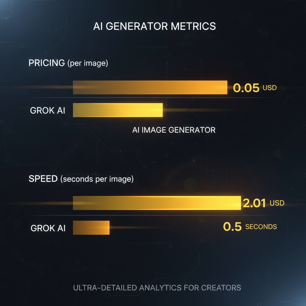 AI image generator vs Grok AI feature matrix — modern comparison table listing 8 capabilities (4K output, text rendering, character consistency, image editing, free tier, commercial license, content policy, multilingual prompts) with yellow checkmarks on the AI image generator alternative to Grok column