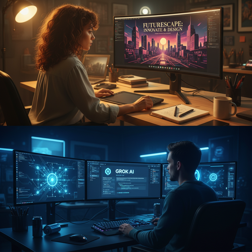 AI image generator vs Grok AI workflow comparison — left side designer typing detailed prompts into a dedicated AI image generator with style presets and aspect ratios, right side a Twitter X user casually asking Grok for an image in a chat conversation, illustrating two creative workflows