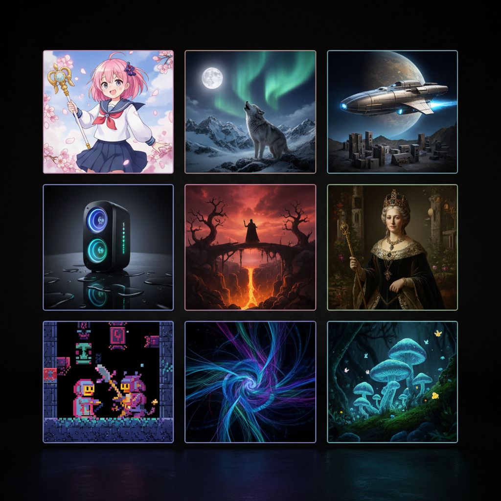 Gallery of diverse images created by the AI image generator across styles