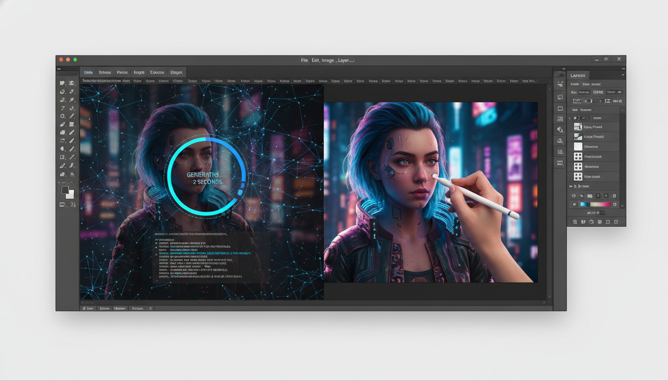 AI image generator vs Photoshop hero comparison split-screen — left side shows futuristic AI image generator interface materializing a vibrant landscape from a prompt, right side shows classic Photoshop layered workspace with stylus and brush palette for AI vs graphic design software showdown