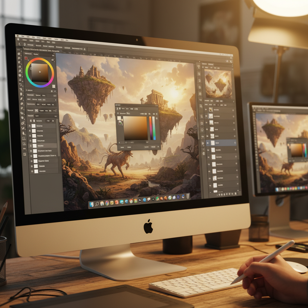 Photoshop workflow showcase — designer's desktop with multiple Photoshop panels open, layers panel revealing 47 layers, brush panel, complex retouching project of a portrait photo with masks and adjustment layers for Photoshop comparison