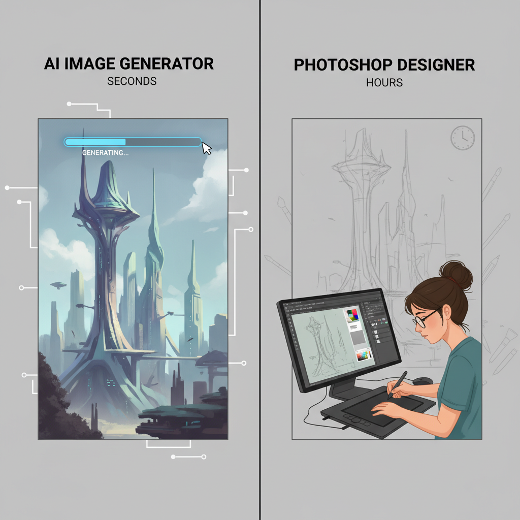 AI art vs manual editing side-by-side comparison — left frame AI-generated fantasy landscape created in 12 seconds via prompt, right frame hand-painted fantasy poster manually crafted in Photoshop showing visible brush strokes, museum gallery exhibition framing