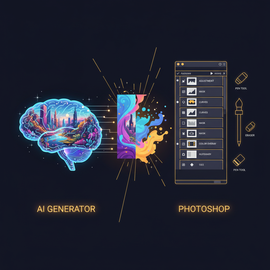 Hybrid AI image generator vs Photoshop creative workflow — designer using both tools on dual monitors, left screen AI generating base concept art, right screen same image being refined in Photoshop with masking and color grading for modern hybrid creative pipeline