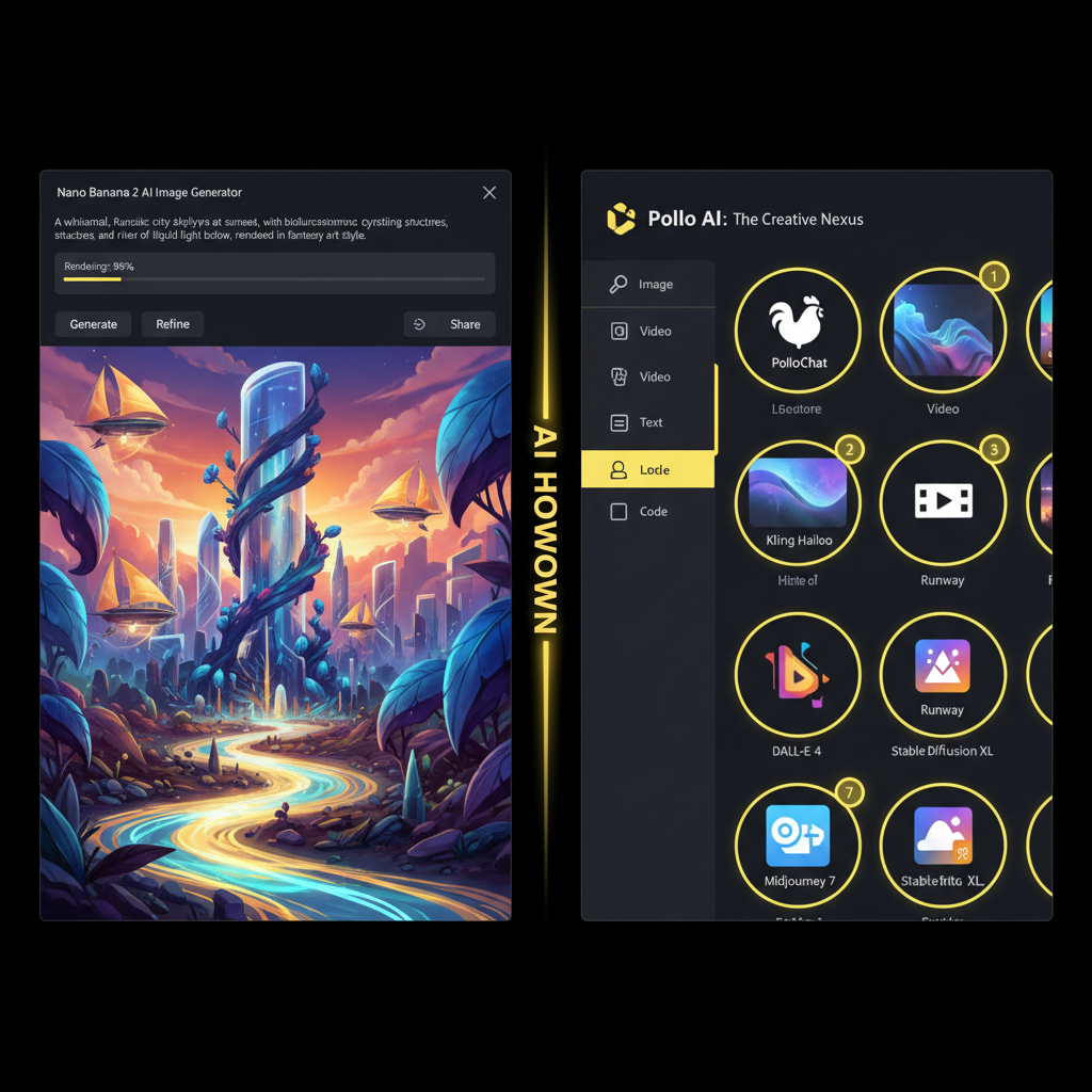 AI image generator vs Pollo AI hero split-screen comparison — left side a dedicated Nano Banana 2 AI image generator rendering a vibrant 4K creative illustration from a typed prompt, right side the Pollo AI multi-tool dashboard with model thumbnails for Kling Hailuo and Runway, dark theme yellow accents for AI tools comparison