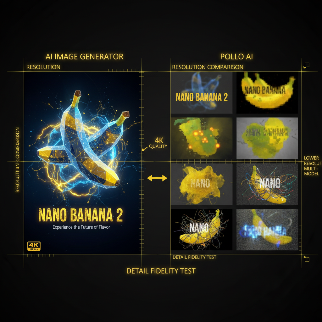 AI image generator vs Pollo AI output quality showdown — left panel a stunning 4K AI-generated marketing banner with crisp embedded text rendered perfectly by Nano Banana 2, right panel a grid of Pollo AI multi-model output samples in mixed resolution, professional studio comparison framing with measurement overlay