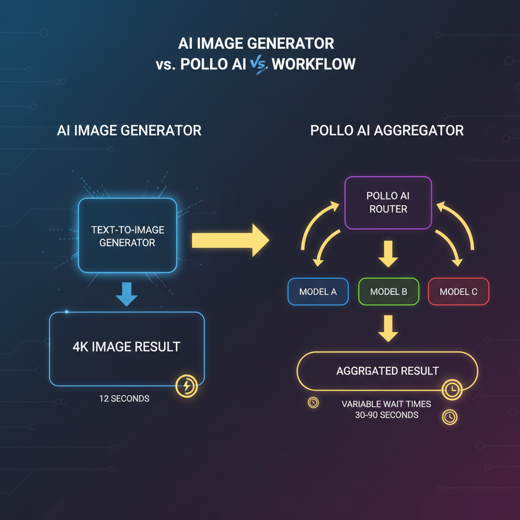 AI image generator vs Pollo AI workflow visualization infographic — clean modern dark UI showing two parallel workflows, left side a single dedicated text-to-image generator producing 4K result in 12 seconds, right side a Pollo AI aggregator routing the prompt across multiple models with longer queue times