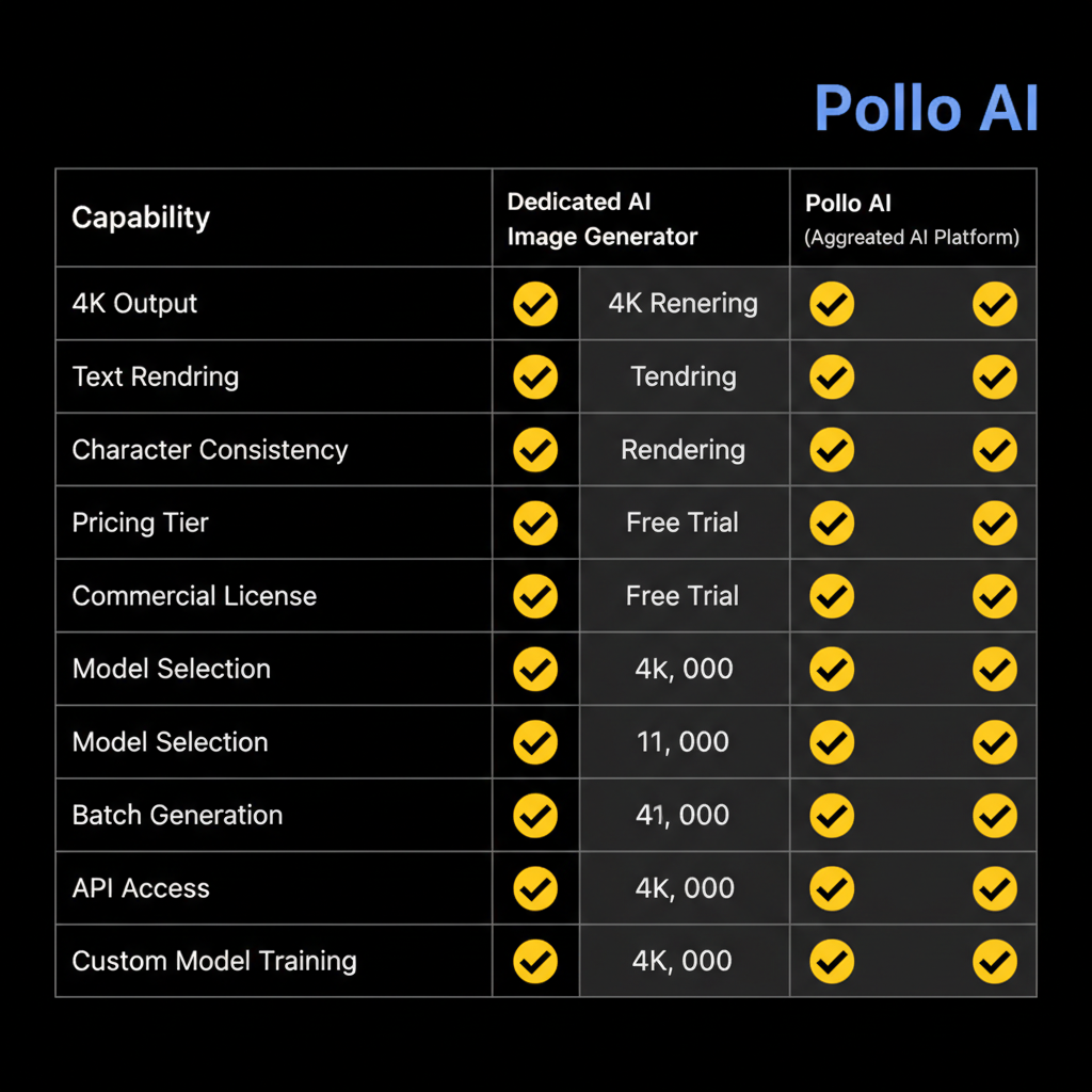 AI image generator vs Pollo AI feature matrix comparison table — modern dark mode table listing 10 capabilities (4K output, text rendering, character consistency, pricing, free trial, commercial license, model selection, batch generation, queue speed, support) with yellow checkmarks distinguishing dedicated AI image generator versus aggregated AI platform Pollo AI