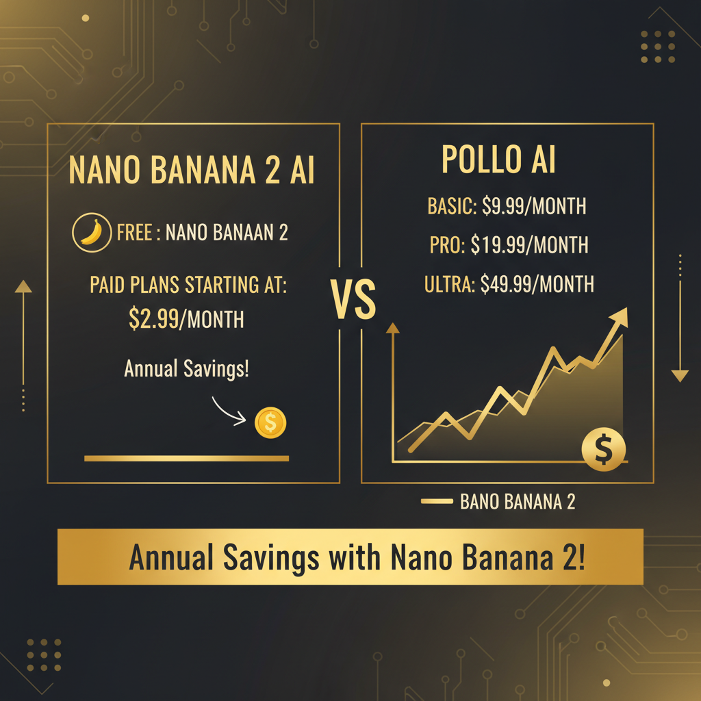 AI image generator vs Pollo AI pricing comparison infographic — modern visualization showing free Nano Banana 2 AI image generator tier with paid plans starting at 2.99 dollars per month versus Pollo AI subscription tiers at higher monthly cost, gold and dark theme cost analysis chart with annual savings highlighted