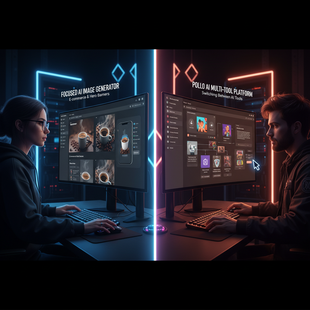 AI image generator vs Pollo AI use case comparison — left side a content creator and marketing designer focused on creating hero banners and ecommerce product imagery with the dedicated AI image generator, right side a creator switching between multiple AI tools on the Pollo AI multi-tool platform dashboard, dark professional studio environment