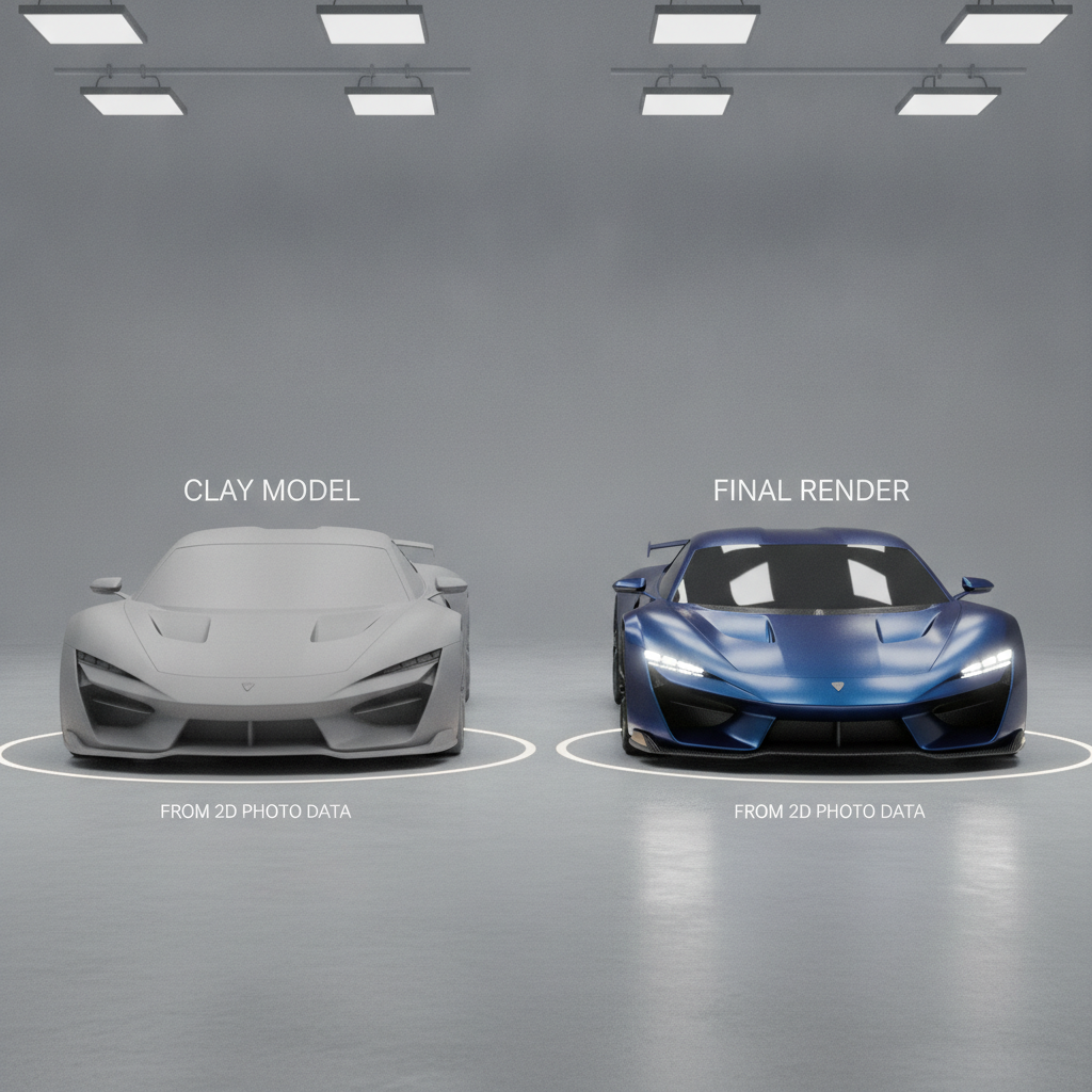 AI image to 3D model render of a sports car converted from a 2D photo with studio turntable lighting on a gray background