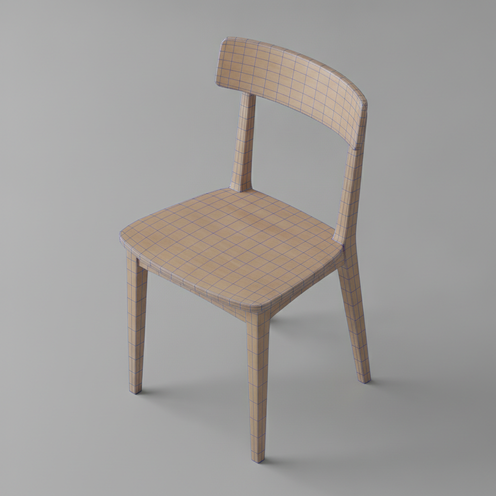 AI image to 3D model render of a wooden chair generated from a flat image with an isometric view and clean topology