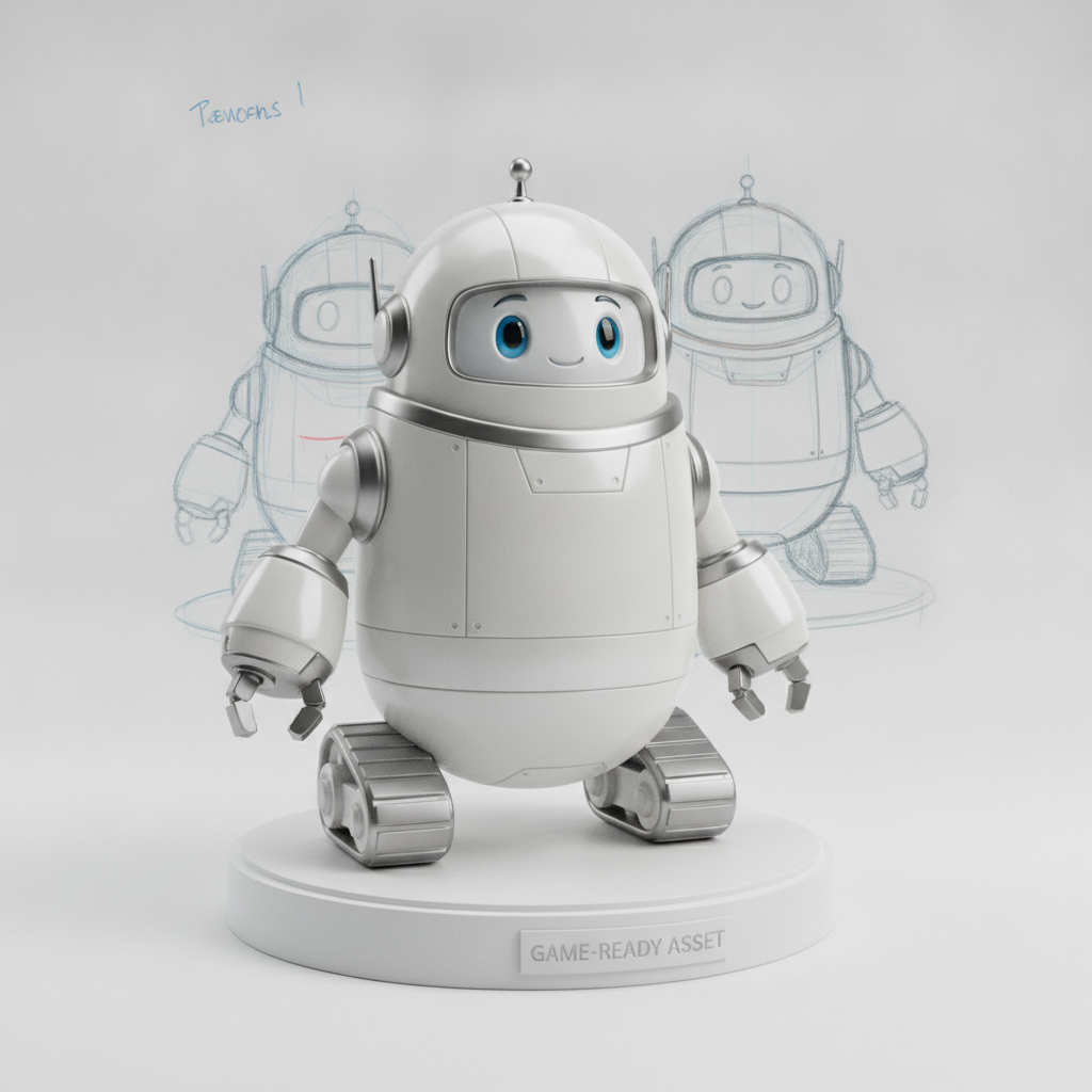 AI image to 3D model render of a cute cartoon robot figurine created from a concept sketch as a game-ready 3D asset