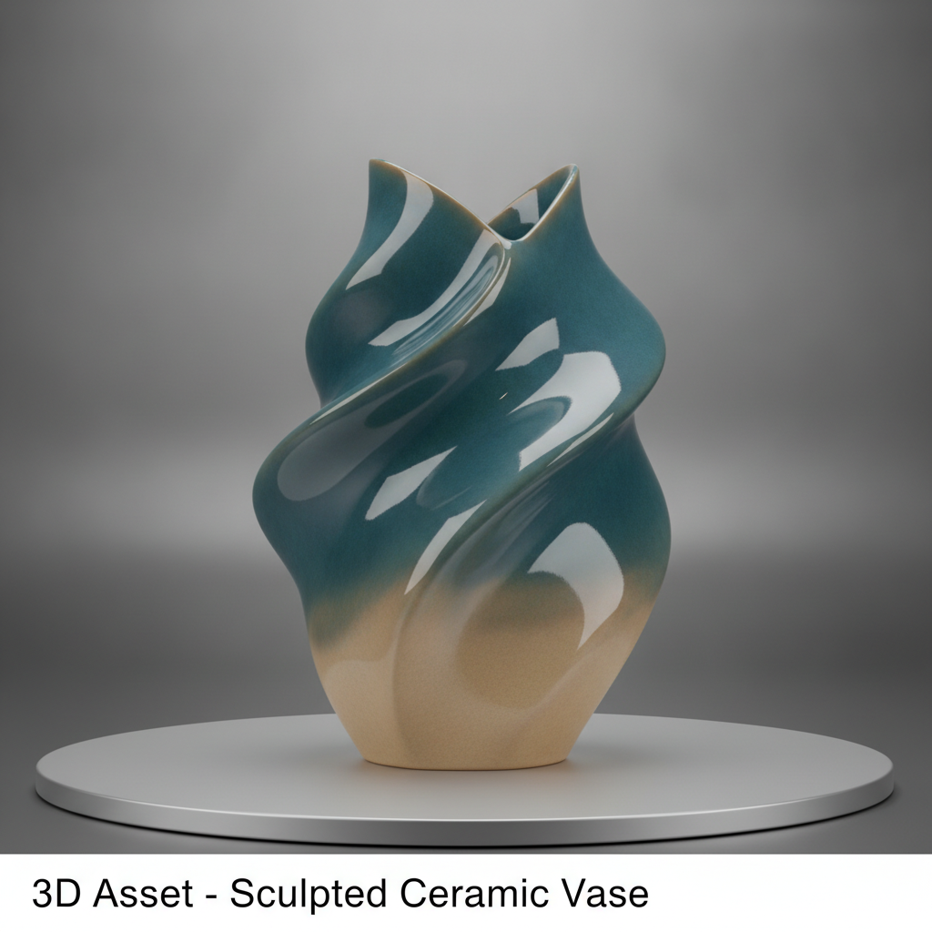 AI image to 3D model render of a glossy ceramic vase converted from a product photo on a gradient studio background