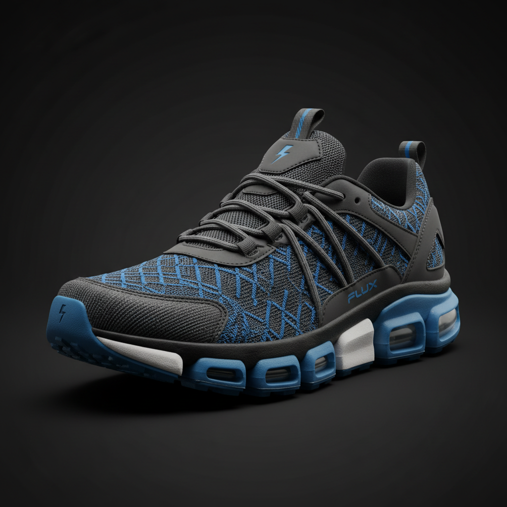 AI image to 3D model render of a sneaker generated from a 2D product image with detailed textures and dramatic lighting