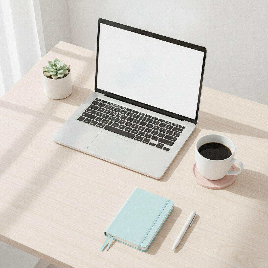 Clean minimalist blog hero image of a tidy desk with laptop and coffee made with a blog image AI generator