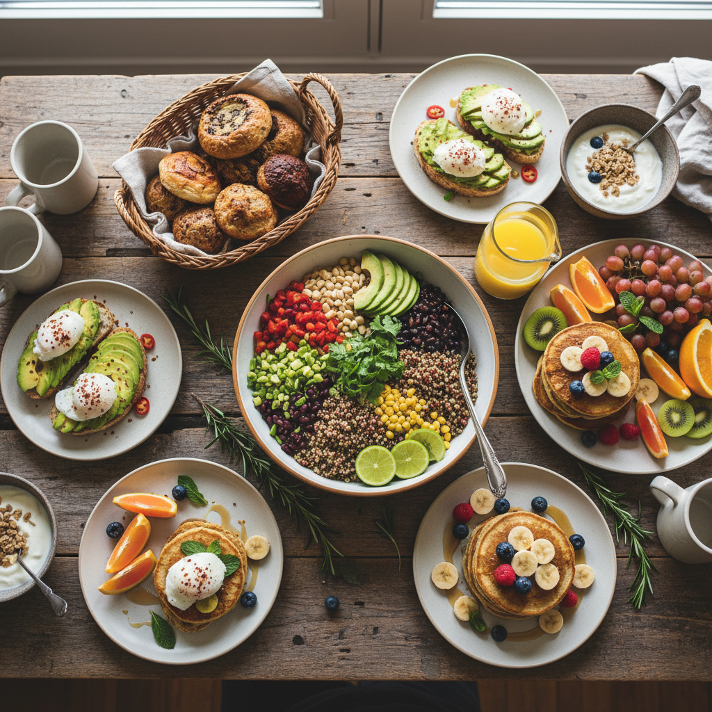 Eye-catching food blog featured image with a colorful healthy brunch spread created by AI for blog visuals